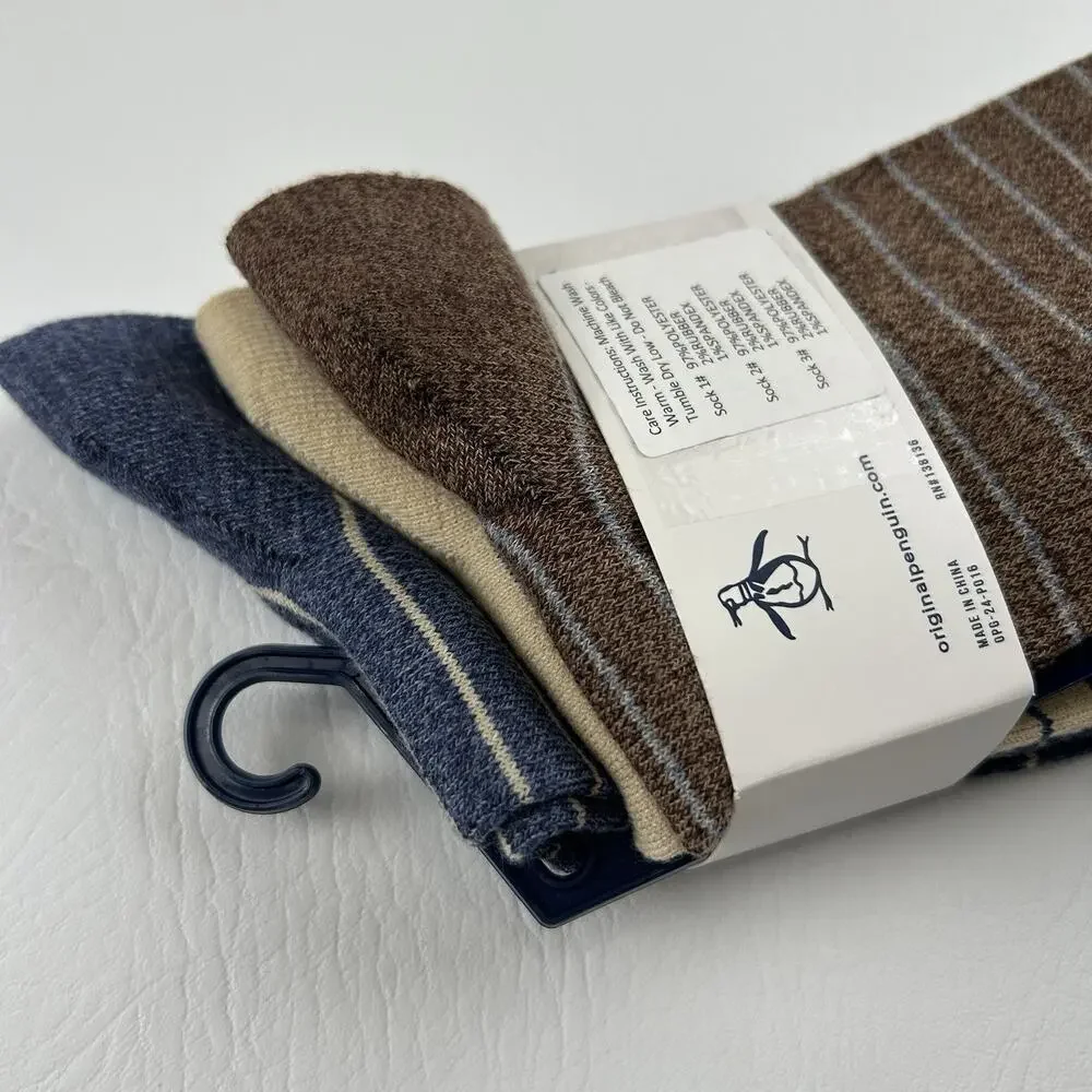 Original Penguin Men’s 3 Pack Crew Dress Socks Blue Brown Stripe Size 8-13 NWT